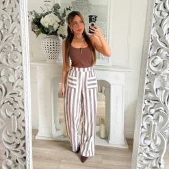 PANTALON EN LIN BEIGE RAYURES CHOCO