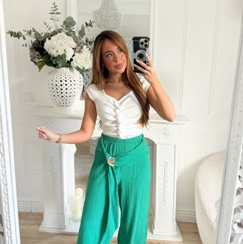 PANTALON PLISSÉ COQUILLAGE VERT