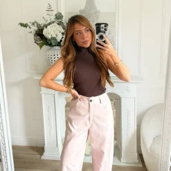 PANTALON SIMILI CUIR BARREL ROSE PASTEL