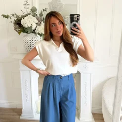 POLO SANS MANCHE EPAULETTES BLANC