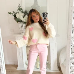 PULL BEIGE COEURS PINK