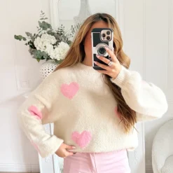 PULL BEIGE COEURS PINK