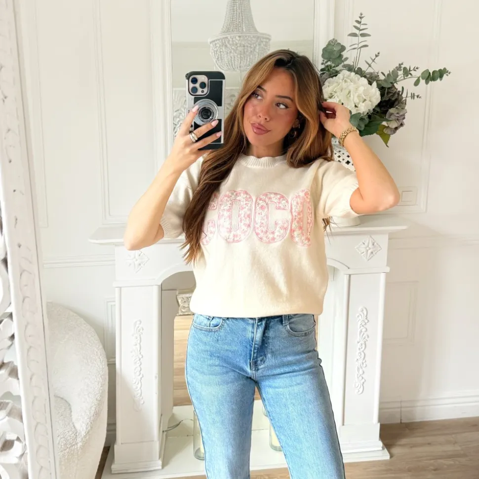 PULL BEIGE FLEURI COCO