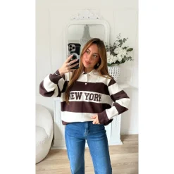 PULL BEIGE STYLE POLO RAYURES CHOCO NEW YORK