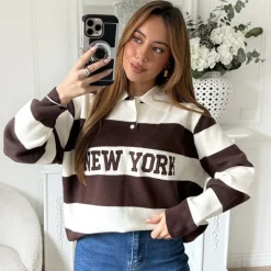 PULL BEIGE STYLE POLO RAYURES CHOCO NEW YORK