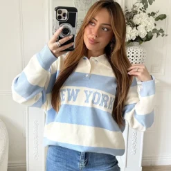 PULL BEIGE STYLE POLO RAYURES NEW YORK