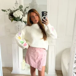 PULL BLANC MANCHES COEURS COLORÉS