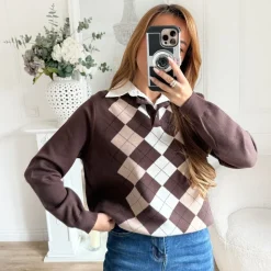 PULL CHOCO TARTAN AVEC CHEMISE INTÉGRÉE ASMAA