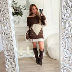 PULL COL BATEAU CHOCO LOSANGE BEIGE KAHINA