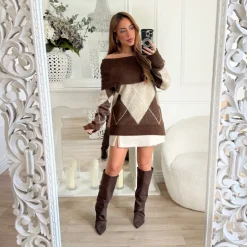 PULL COL BATEAU CHOCO LOSANGE BEIGE KAHINA