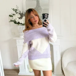 PULL COL BATEAU LILAS JAUNE TARTAN MYLÉNE