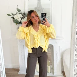 PULL COL V JAUNE VOLANTS