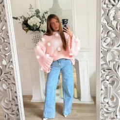 PULL GROSSE MAILLE ROSE FLEURS EN RELIEFS