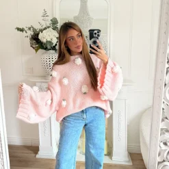 PULL GROSSE MAILLE ROSE FLEURS EN RELIEFS