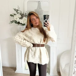 PULL LONG MAILLE BEIGE AVEC CEINTURE