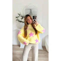 PULL MOHAIR JAUNE ÉTOILES FUSHIA FLORENTINE