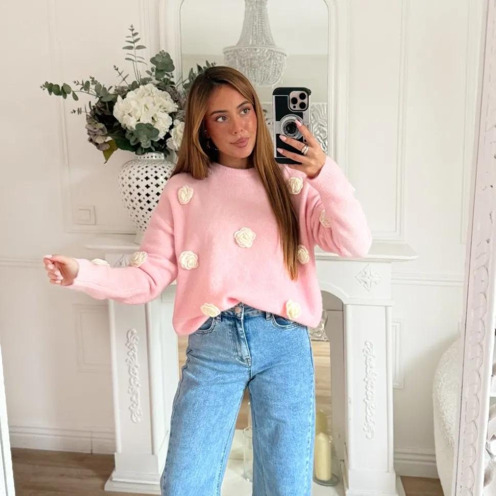PULL PINK FLEURS RELIEFS