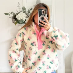 PULL POLAIRE ROSE BEIGE MOUMOUTE FLEURI