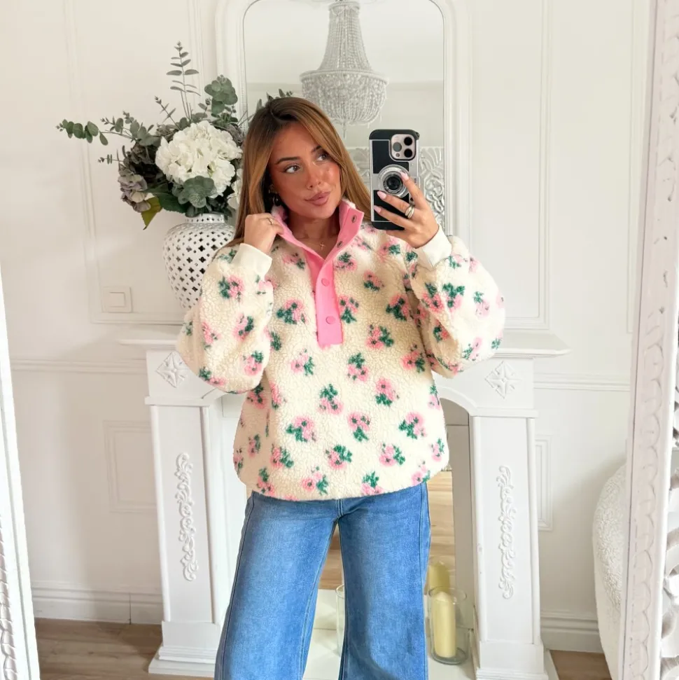 PULL POLAIRE ROSE BEIGE MOUMOUTE FLEURI