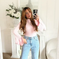 PULL ROSE PASTEL MANCHES ÉVASÉES MARJORIE