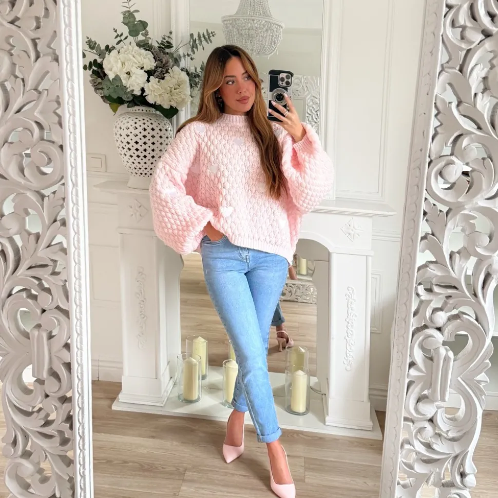 PULL ROSE PASTEL MOTIFS COEURS