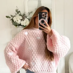 PULL ROSE PASTEL MOTIFS COEURS