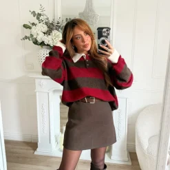 PULL STYLE POLO BORDEAUX RAYURES CHOCO