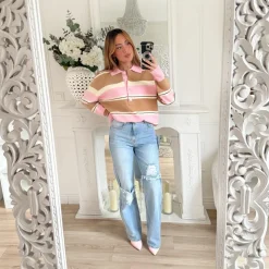 PULL STYLE POLO ROSE RAYURES