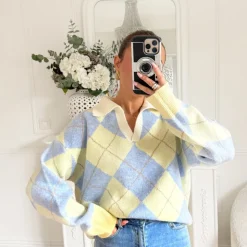 PULL TARTAN BLEU ET JAUNE