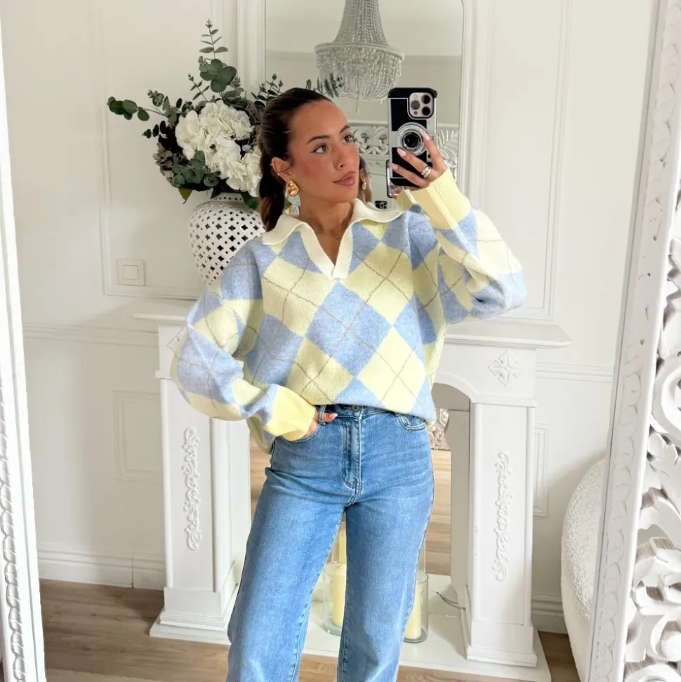 PULL TARTAN BLEU ET JAUNE