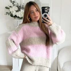 PULL TAUPE RAYURES PINK HÉLOÏSE