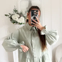 ROBE EN JEAN VERT SAUGE BOUTONS COEURS