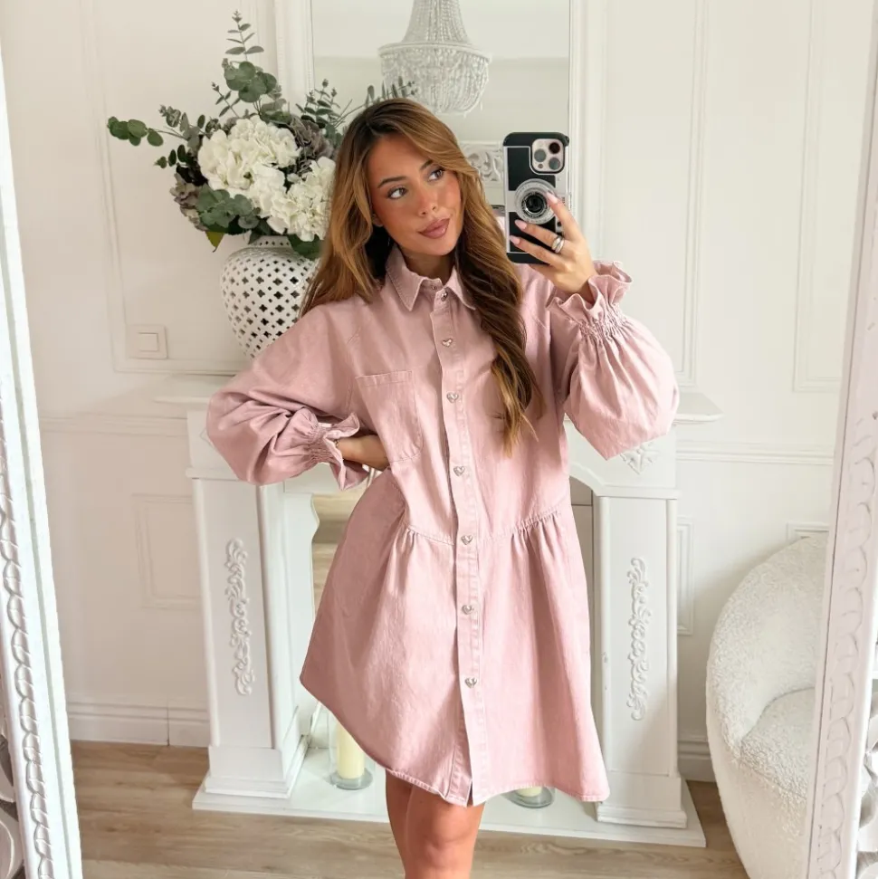 ROBE EN JEAN VIEUX ROSE BOUTONS COEURS