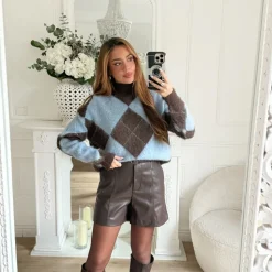 SHORT SIMILI CUIR CHOCO AVEC CEINTURE AMELINE