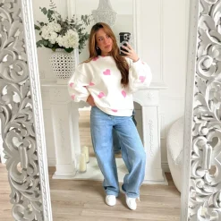 SWEAT BLANC MOTIFS COEURS PINK OLGA