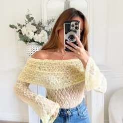 TOP COL BATEAU DENTELLE JAUNE