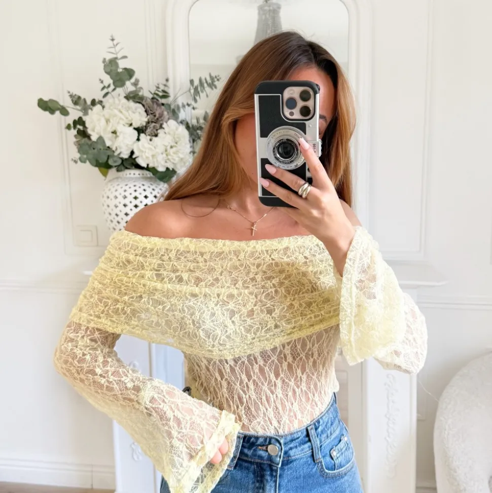 TOP COL BATEAU DENTELLE JAUNE