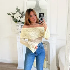 TOP COL BATEAU DENTELLE JAUNE