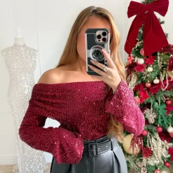 TOP COL BATEAU SEQUINS BURGUNDY