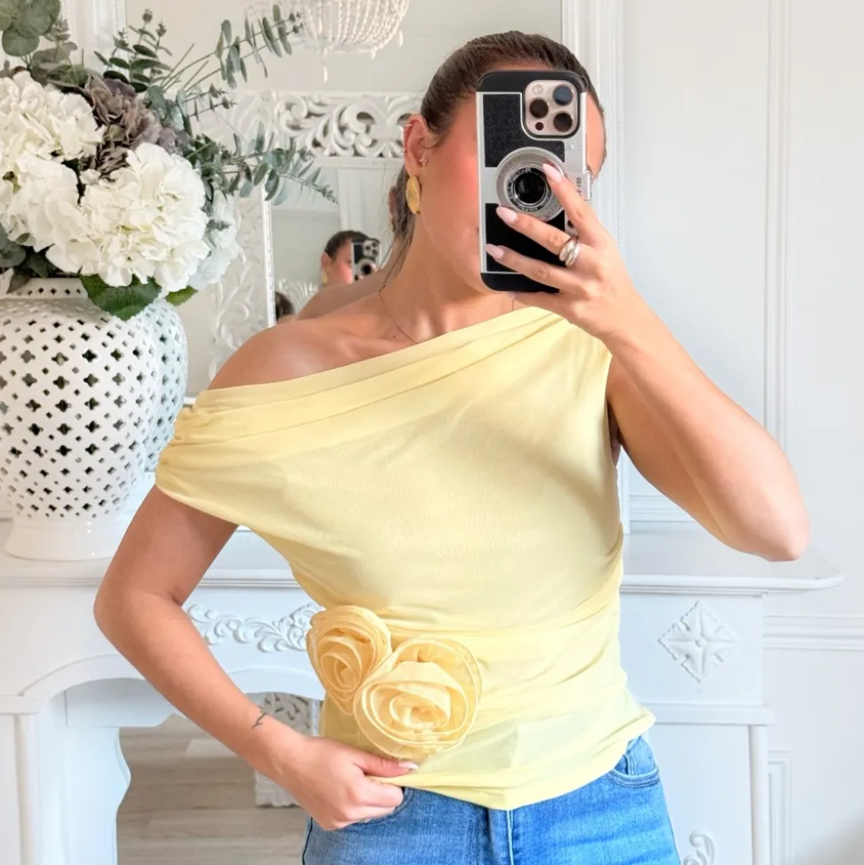 TOP FLEUR EN VOILE JAUNE